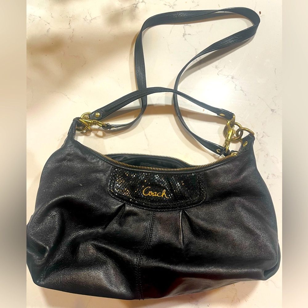 Coach Ashley Black Leather Pleated & Snake Embossed Detail Crossbody Bag